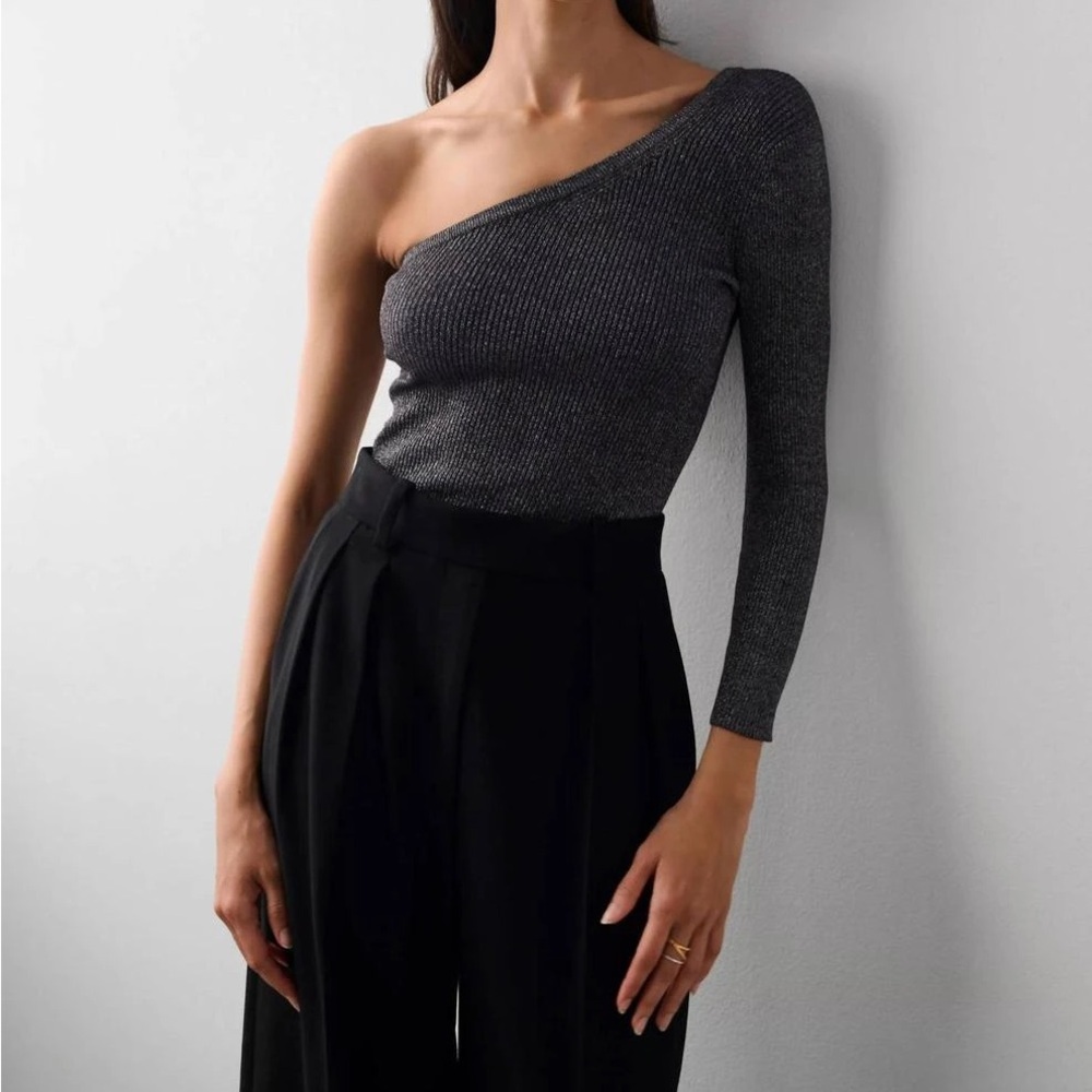 White + Warren Lurex One Shoulder Metallic Silver Top Long Sleeve